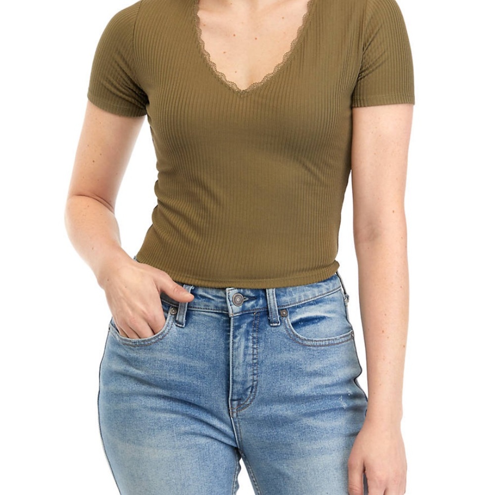 Olive Ribbed V-Neck Top